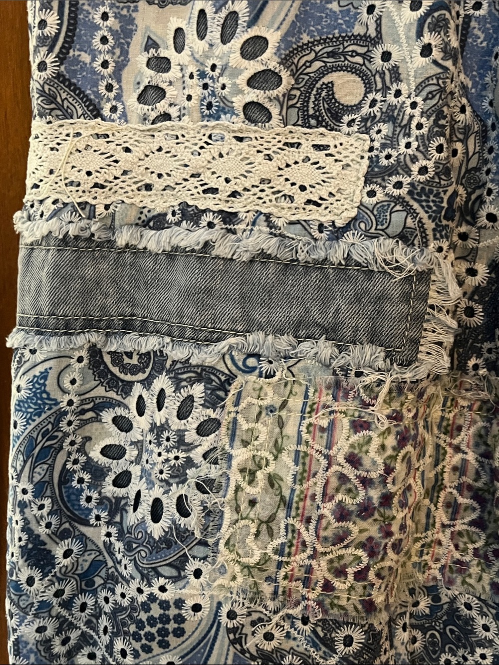 NWOT POL Denim Floral & Lace Patchwork Harem Pants w/Elastic Drawstring Waist - Picture 4 of 11